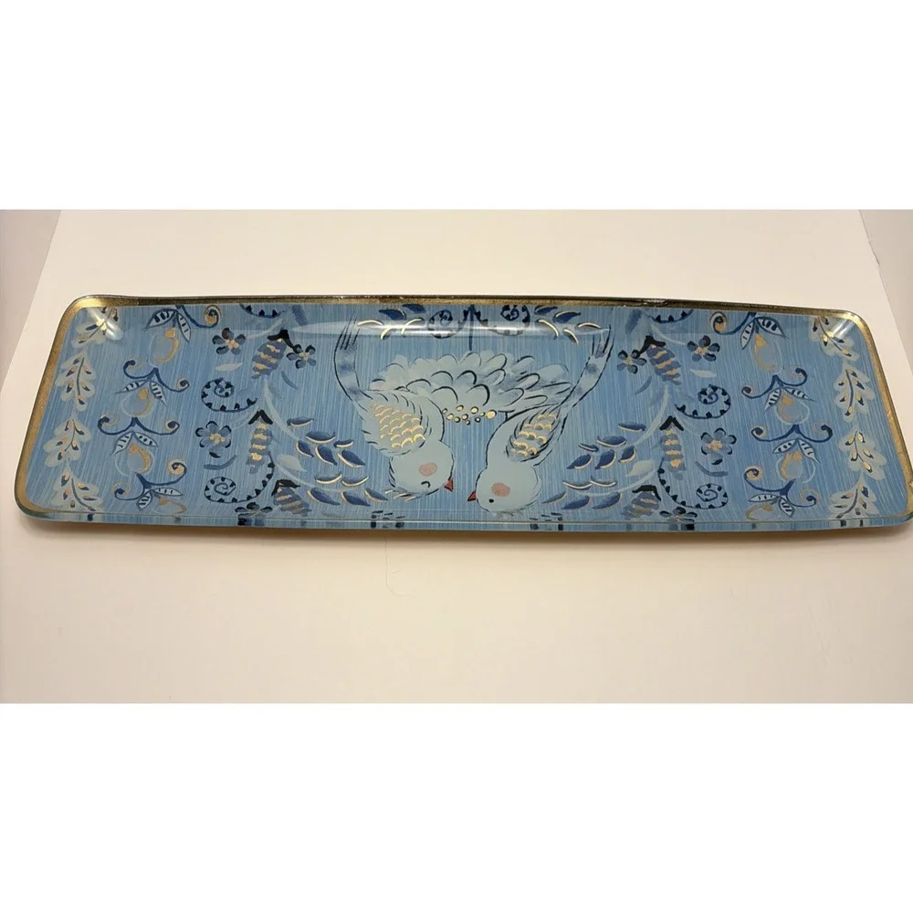Pier 1 Vintage Blue‎ Gold Foil Art Glass Birds Oblong Serving Tray Dish Whimsy